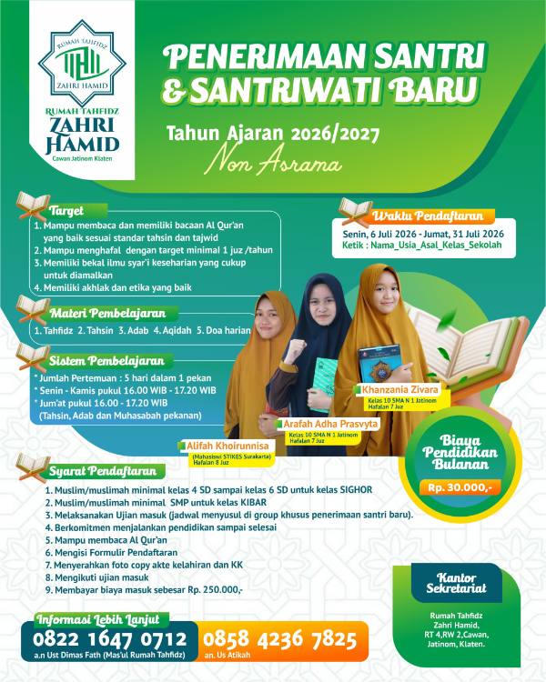 Penerimaan Santri Baru Rumah Tahfidz Zahri Hamid 2026/2027